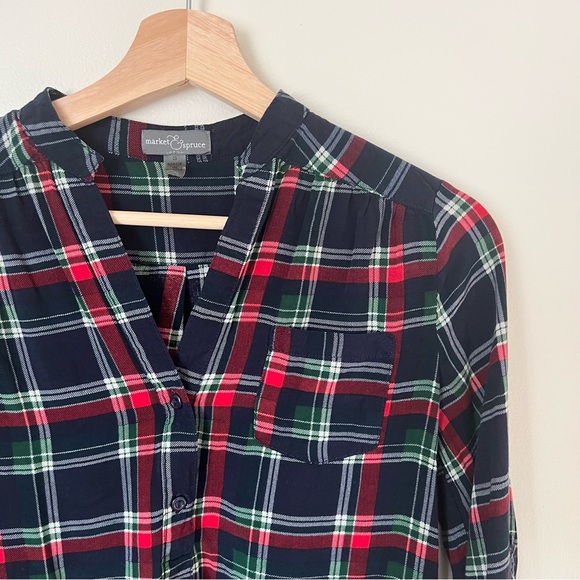Market & Spruce Dark Blue Plaid Henley Blouse Top Size Small - Picture 4 of 6